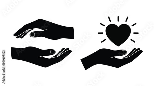 Hands cradling a heart with radiating lines a striking silhouette