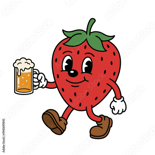 Strawberry and apple juice cartoon illustration with happy smiling fruits