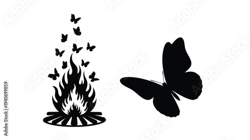 A striking image of a campfire and butterflies in silhouette