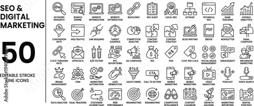SEO and Digital Marketing Line Icons Set – Search Engine Optimization, Analytics and Online Marketing Outline Icons