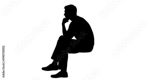 Silhouette of a person sitting with hand on chin contemplating isolated on white