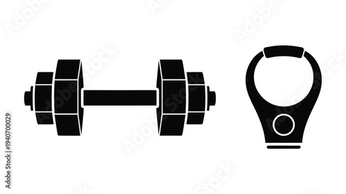 Dumbbell and fitness tracker icon set in black silhouette