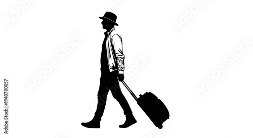 Silhouette of a person with luggage walking against white background