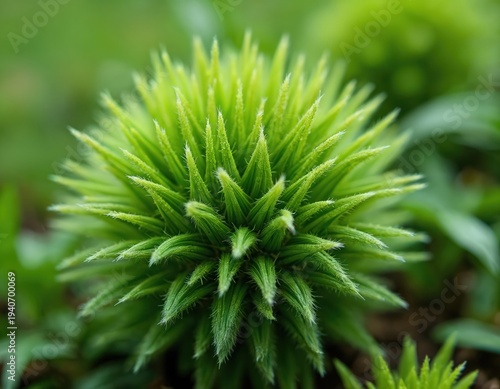 Bright green plant bud with sharp, fuzzy leaves unfolds slowly. Delicate plant sprouts reach upward, revealing fine hairs and vibrant green color. Small, spiky flora grows in garden.