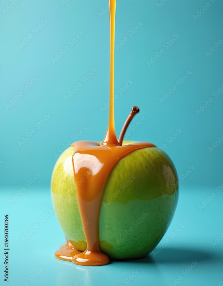 Fototapeta premium Green apple covered with flowing caramel sauce. Sweet dessert preparation. Food styling for candy making. Tasty sweet treat on blue background.