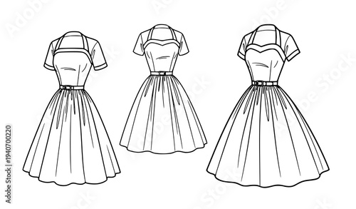 Classic 1950s Vintage Dress Line Drawing Retro Fashion Vector Illustration