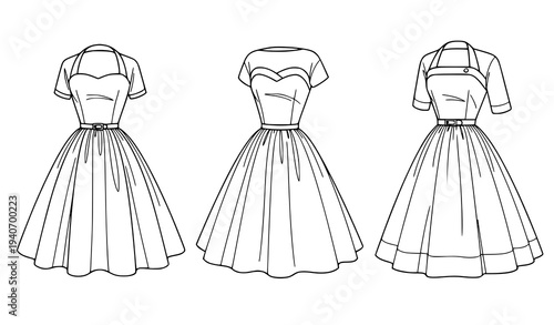 Classic 1950s Vintage Dress Line Drawing Retro Fashion Vector Illustration