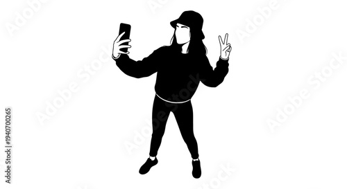 Woman taking selfie with phone vector illustration black and white silhouette design
