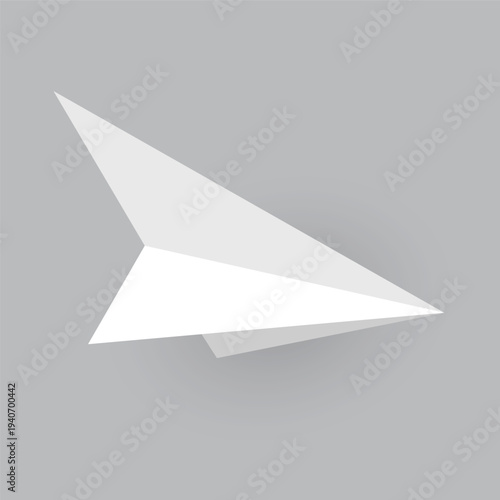Paper plane model. Origami handmade aircraft view. Vector white paper airplane with shadow, isolated on gray background
