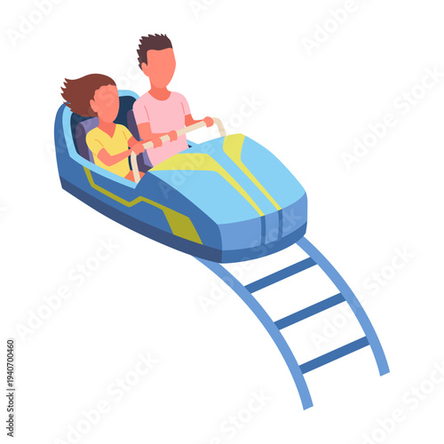 Roller coaster happy people. Rollercoaster. Friends riding in amusement park have fun positive emotion, park attractions. Young people having fun and enjoyment, cartoon vector illustration