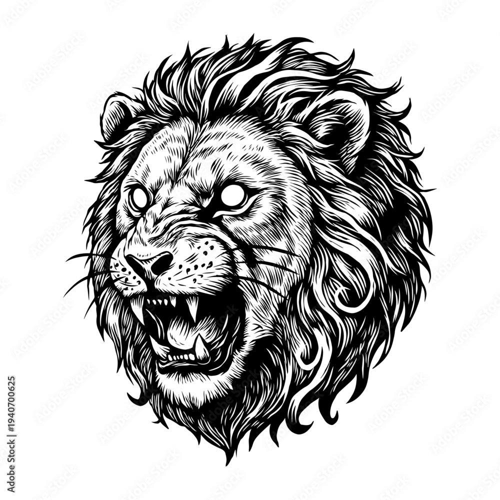 Obraz premium Hand drawn black and white vector illustration of a ferocious lion.