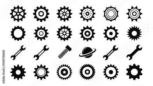 black and white gear and tool icons on white background for design and engineering concepts