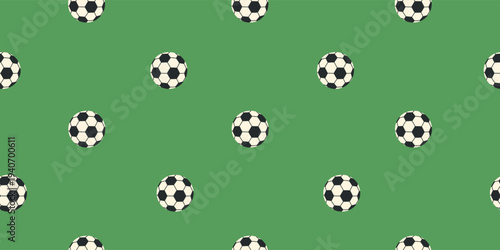 Minimalist seamless soccer ball pattern on green background for sport branding and textile design, modern clean flat style, vector illustration.
