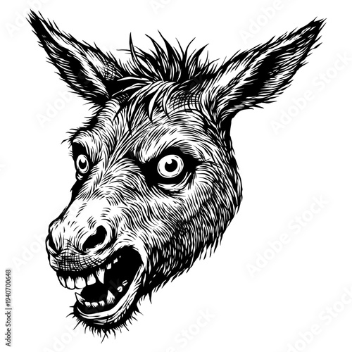 Hand drawn black and white vector illustration of a fierce donkey.