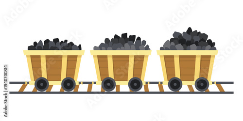 Mine coal trolley. Coal loading ship cart, underground vehicle for coals load, industrial hand transporting mining minerals cartoon vector illustration