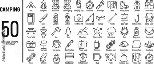 Camping Line Icons Set – Tent, Campfire, Backpack, Hiking, Map, Lantern, Mountain, Forest