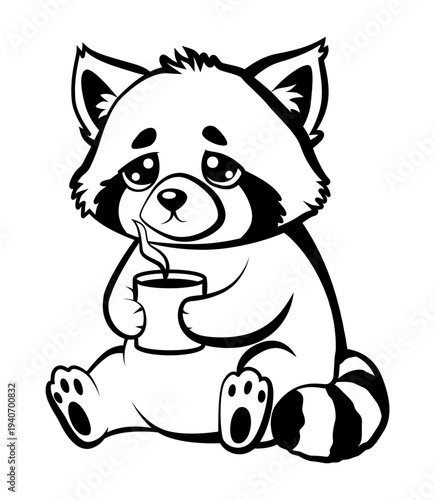 Sleepy gentle red panda sipping matcha tea surrounded by stacked books, soft library light, round cheeks flushed with contentment, quiet reading break, kawaii study aesthetic