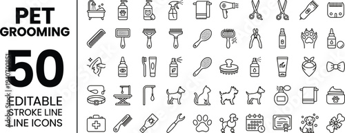 Pet Grooming Line Icons Set – Brush, Shampoo, Nail Clipper, Scissors, Hair Dryer, Comb, Bath, Towel