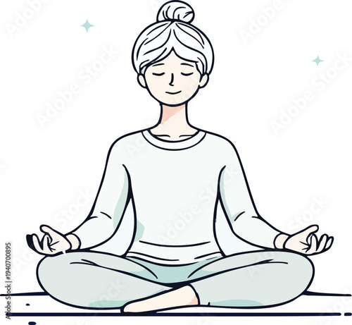 Meditation vector illustration with person sitting cross legged calm expression mudra gesture mindfulness inner peace wellness serene atmosphere artistic design