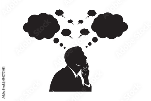 Thoughtful businessman contemplating ideas with clouds representing thoughts in a vector graphic illustration