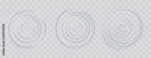 Water ripple effect top view set. Realistic caustic drop or sound wave splash effects, concentric circles in puddle. Vector set round wave surfaces on transparent background