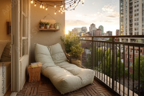 Compact urban balcony with a comfortable lounge chair, side table, and string lights overhead