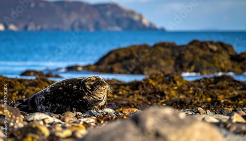 Sea Otter Resting on a Rocky Beach with Ocean View.