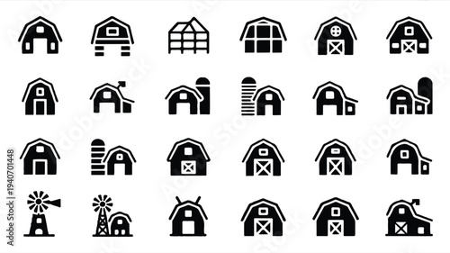 Collection of various barn and farm building icons in black silhouette on white background