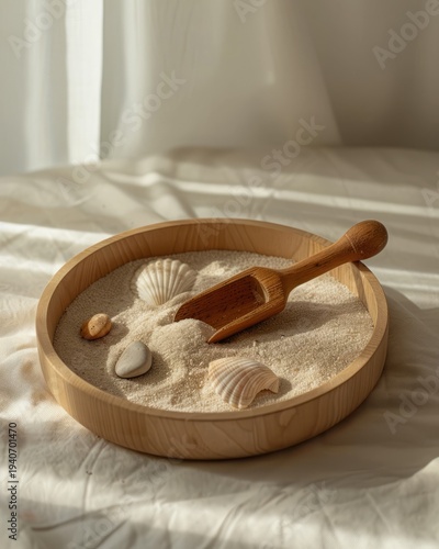 Montessori sensory tray with natural sand, wooden scoop, stones, shells, 