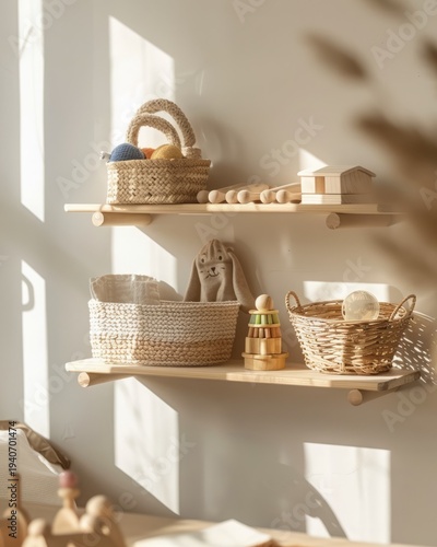 Montessori wooden shelf with neatly organized natural toys, natural wicker baskets, tactile materials, 