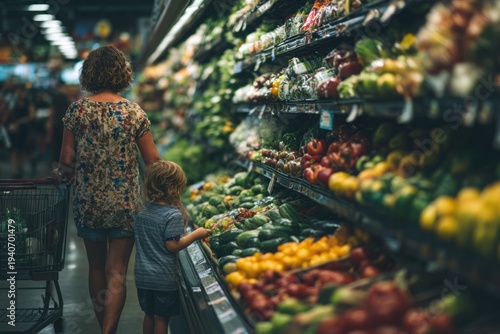 Mother and child navigating a grocery store, exploring fresh produce and making choices together