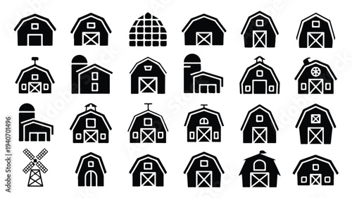 collection of black barn silo farm building icons on white background
