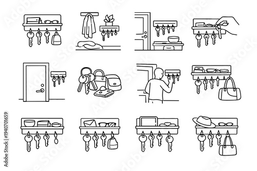 Wall use holder key entry icon practical household vector convenience