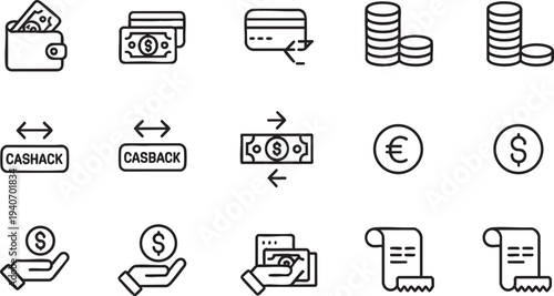 Money line icons. Set of Banking, Wallet and Coins icons. Credit card, Currency exchange and Cashback money service. Euro and Dollar, Cash wallet, exchange. Banking credit card, atm payment. Vector