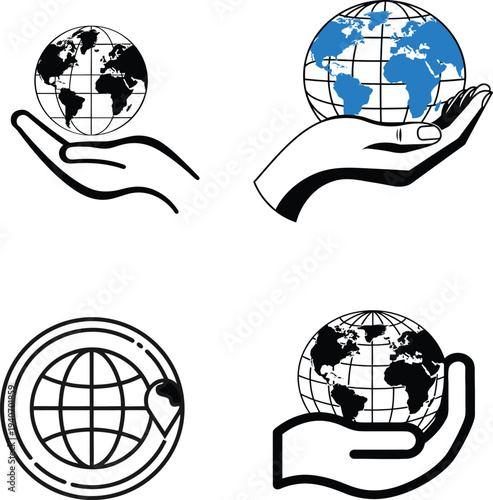 Global environmental protection, worldwide earth care, outline icon. Line sign globe with latitude and longitude in hand. 