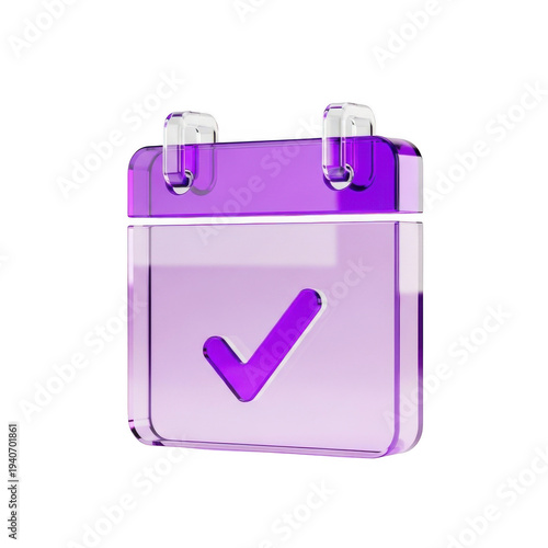 Purple calendar icon with checkmark isolated on transparent background
