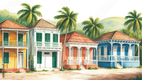 colorful houses with balconies and palm trees on sandy beach