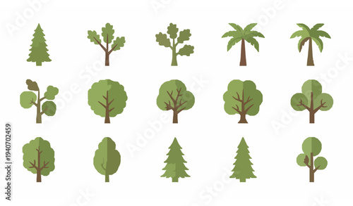 Tree icon set with pine oak palm and forest trees flat vector illustration