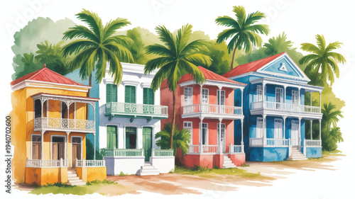 colorful tropical houses with palm trees on white background