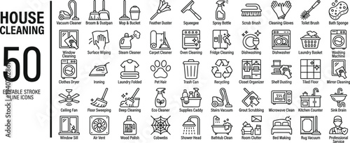House Cleaning Icons Set – Brooms, Mops, and Home Sanitation Outline