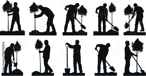 Silhouette illustrations of people engaged in yard work and gardening activities