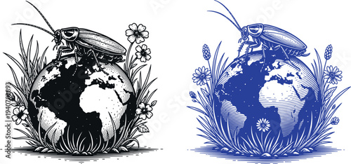 Insects in floral patterns black and blue illustrations side by side