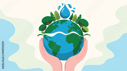 hands holding a green earth with leaves and a water drop