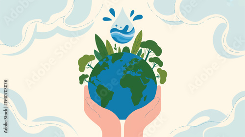 hands holding the earth with green leaves and water drop on blue background with clouds