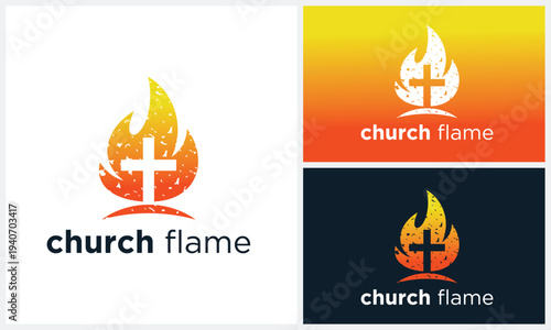 Church Cross Cristian Catholic Jesus Crucifix and Fire Flame logo design 