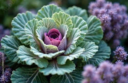 Ornamental cabbage with purple center and green ruffled leaves grows in a garden. Small purple flowers bloom nearby, creating a beautiful natural scene. Plant is healthy and vibrant, adding color.