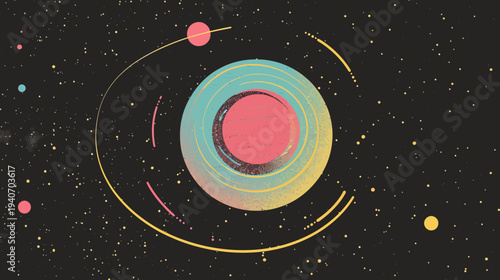 Abstract illustration of orbiting celestial bodies in a starry night sky