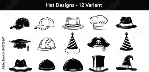 hat, cap, headwear, fashion, accessory, helmet, chef, pirate, wizard, party, graduation, costume, vintage, illustration, vector, collection, design, clothing, style, set