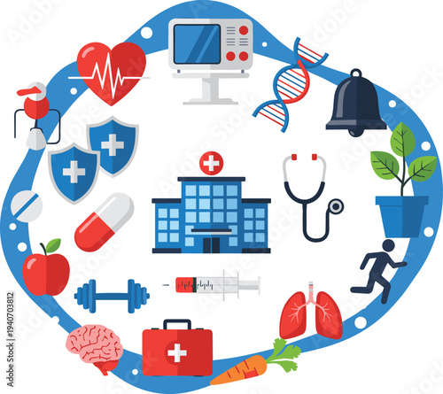 healthcare medical icons vector illustration, hospital equipment, wellness lifestyle symbols, medicine treatment, doctor tools, healthy living concept set
