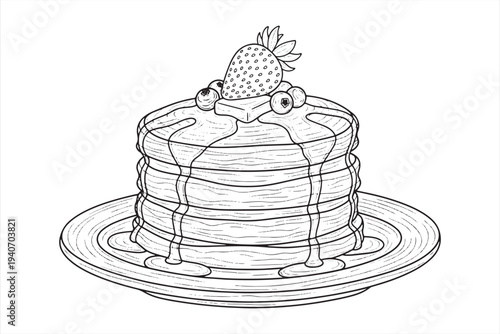Delicious pancakes stacked high with fresh strawberries and blueberries perfect for a sweet breakfast treat or dessert in a vector graphic illustration.